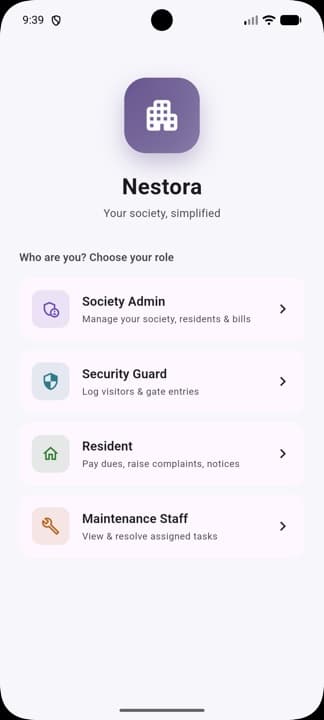 Nestora's role picker listing society admin, security guard, resident and maintenance staff