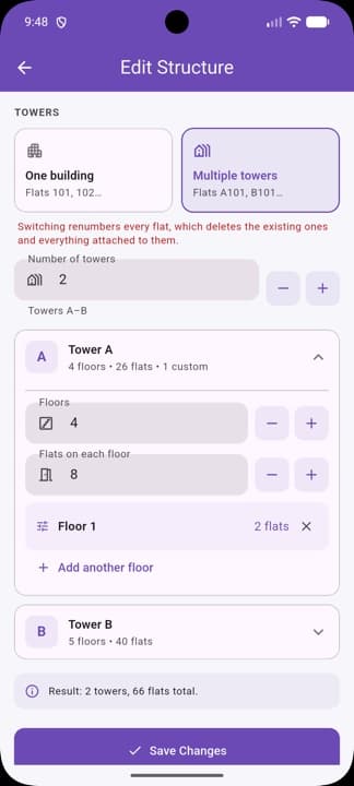Edit structure screen warning that switching between one building and multiple towers renumbers every flat