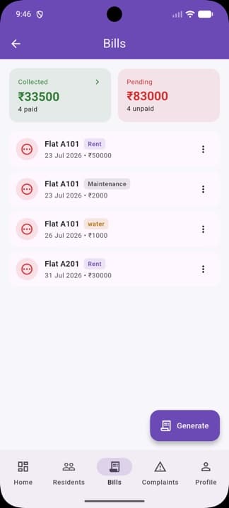 Admin bills screen showing collected and pending totals across flats