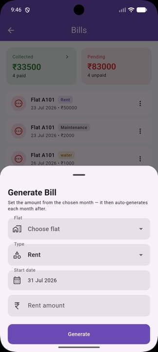 Generate bill sheet explaining that the amount auto-generates each month after the start date