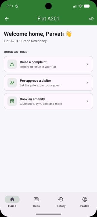 Resident home with quick actions to raise a complaint, pre-approve a visitor and book an amenity
