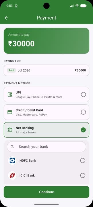 Payment screen with UPI, card and net banking options for an outstanding rent bill